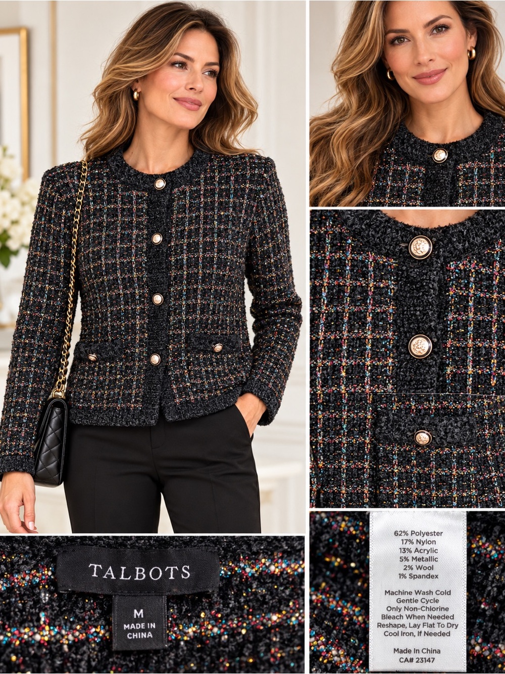 NWT Talbots Black Multicolor Metallic Tweed Cardigan Sweater